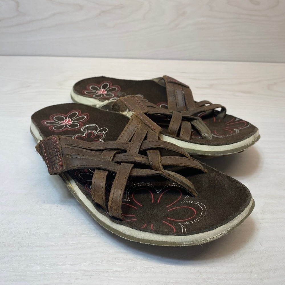 Cushe Womens 9 Slide Sandals Strappy Woven Leather Floral Brown Casual Boho